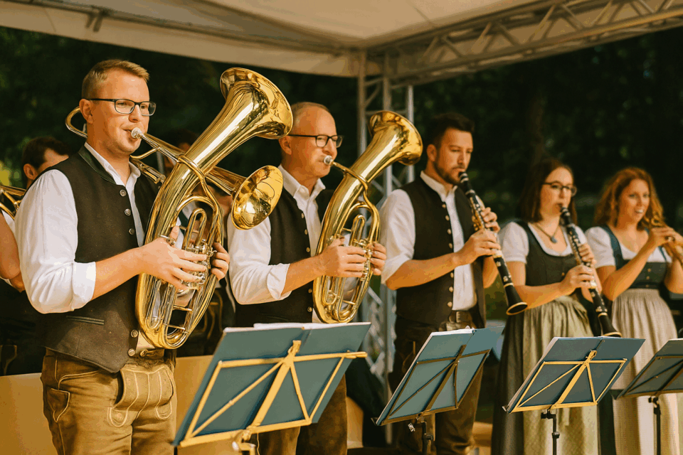 Sechs Musiker stehen auf einer Bühne und spielen verschiedene Blasinstrumente, darunter Tuben und Klarinetten. Sie tragen traditionelle Kleidung und schauen konzentriert auf Notenständer. Der Hintergrund ist beleuchtet, und es scheint ein festlicher Moment zu sein.