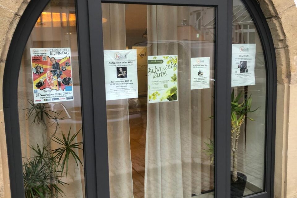 Das Bild zeigt die Eingangstür eines Gebäudes mit einem großen Bogen. Auf der Glastür hängen mehrere Plakate. Im Hintergrund sind hellbeige Vorhänge zu sehen. Links und rechts der Tür stehen grüne Pflanzen in schwarzen Töpfen. Der Boden besteht aus großen, runden Steinen.